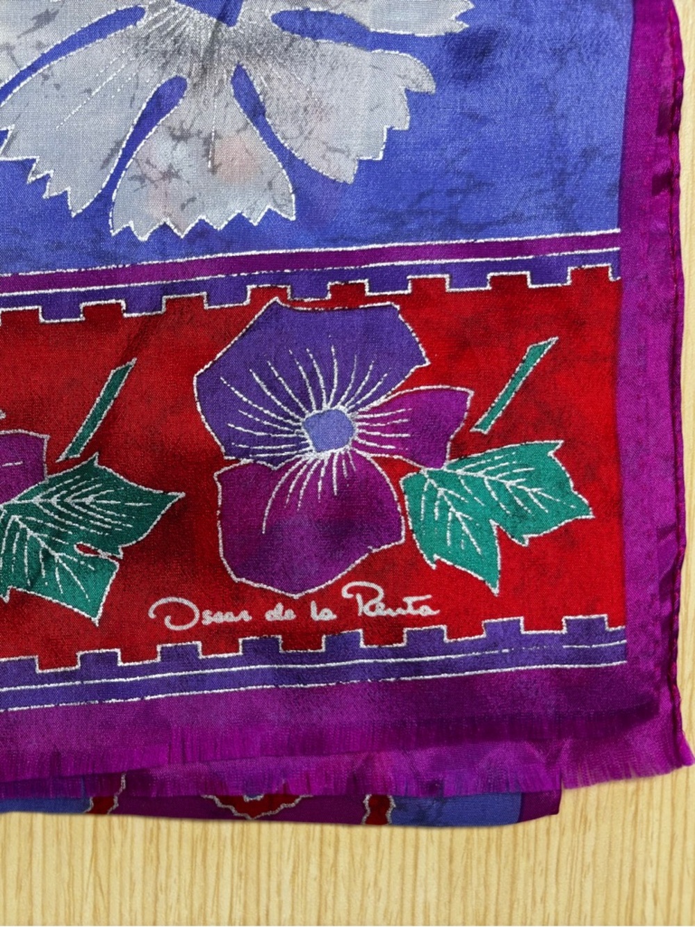 Vintage Oscar de la Renta 100% Silk Scarf - Purple & Red Floral Botanical Print